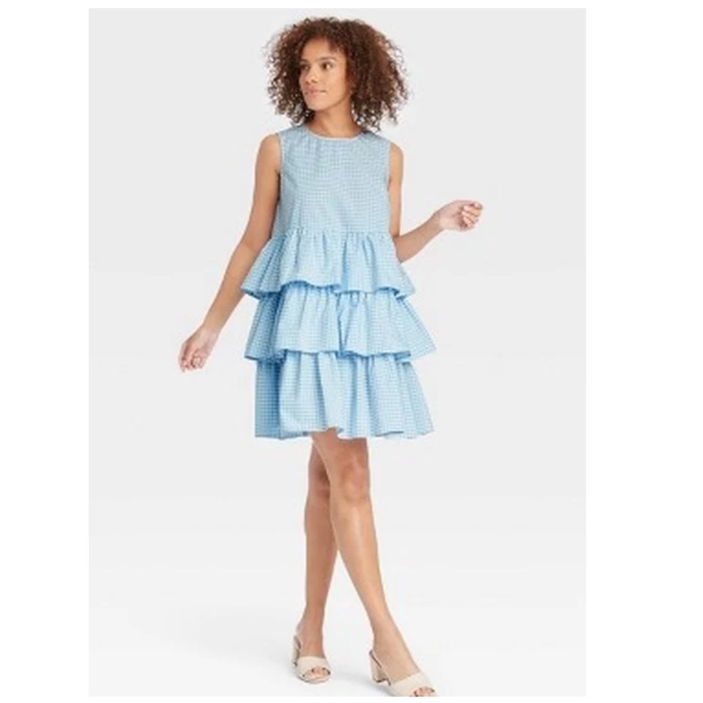 Who What Where | Feminine Picnic Cowgirl Blue Gingham Tiered Dress | XS